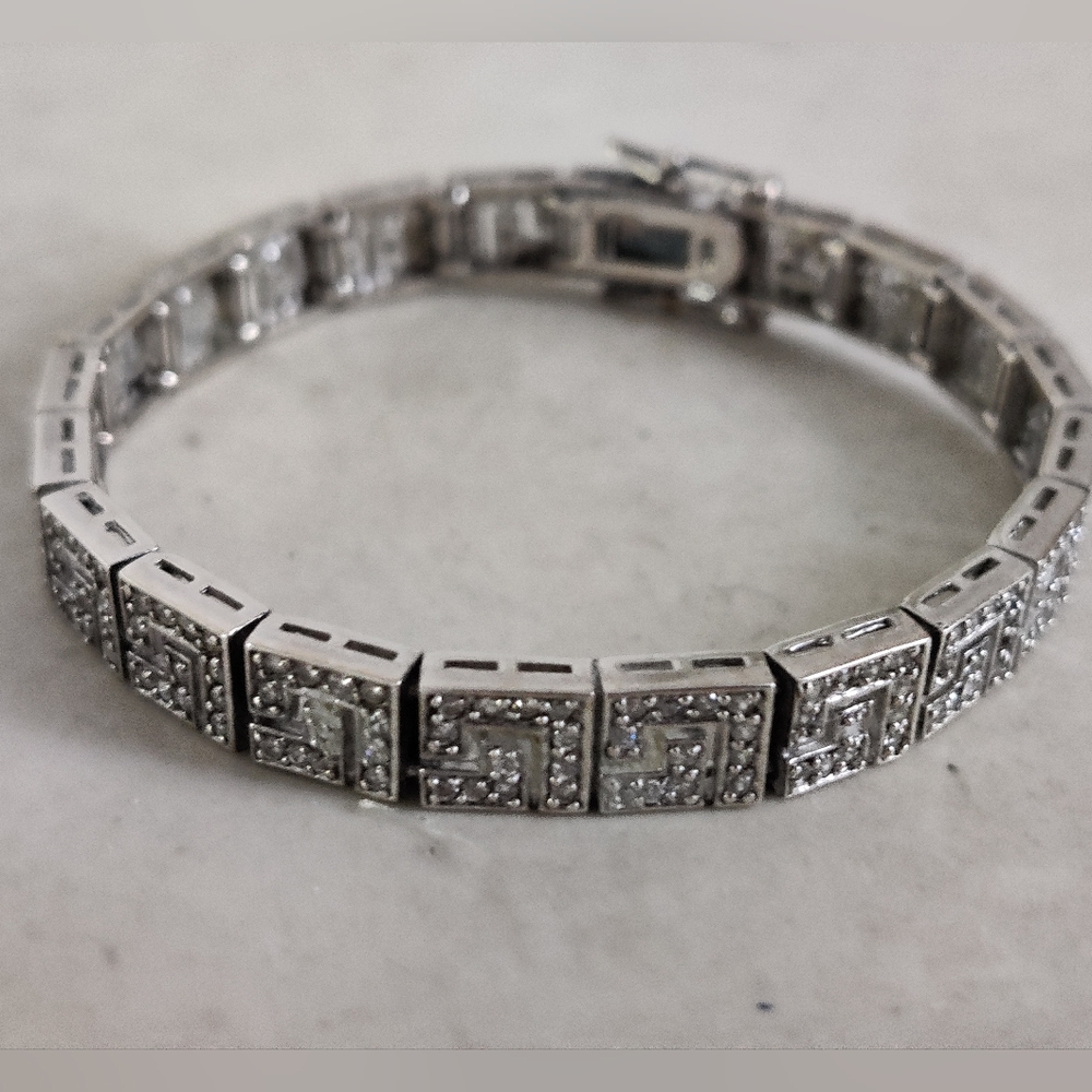 Sterling Silver and Clear Crystals Bracelet with Geometric Greek Key Design